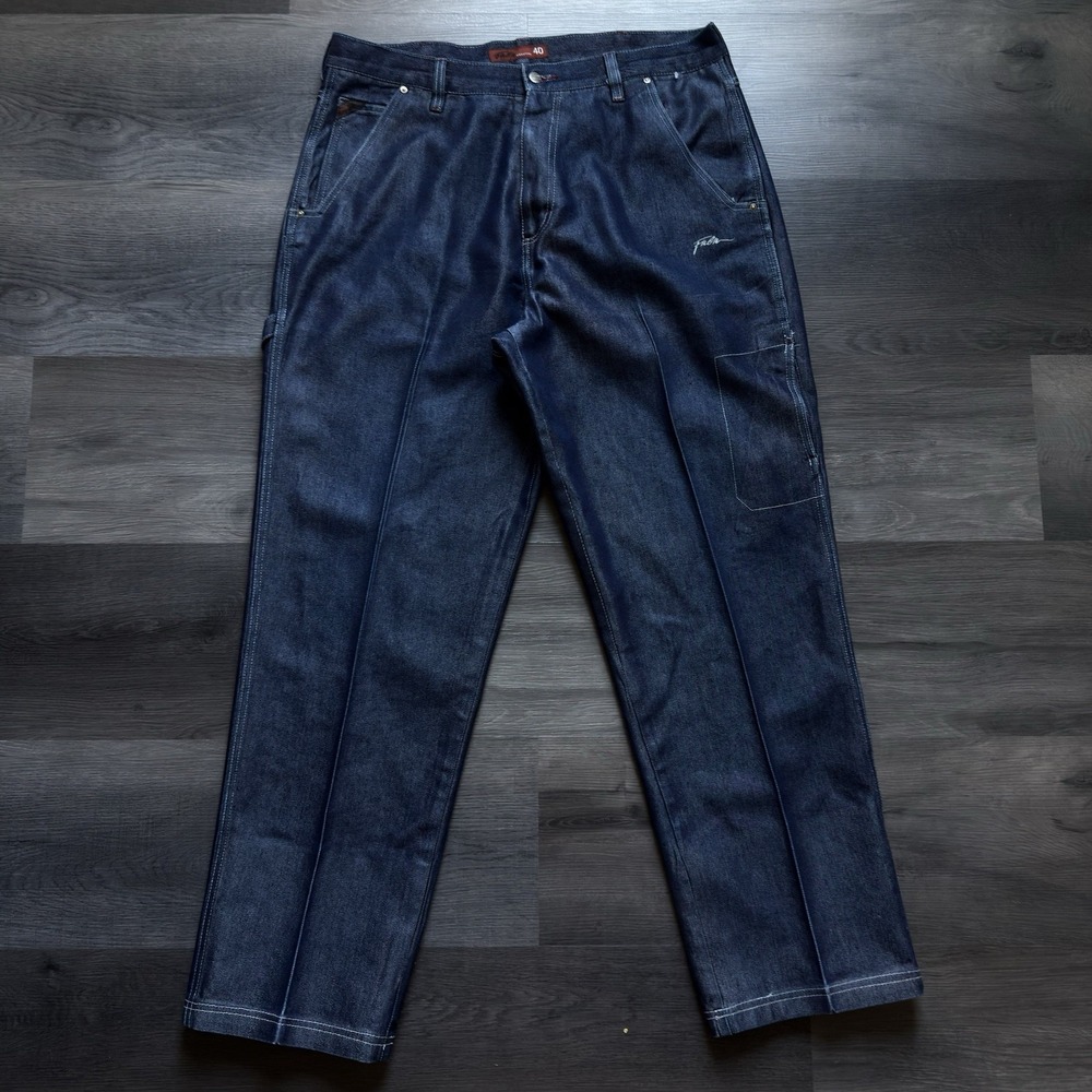 VTG Y2K FUBU Carpenter Jeans Mens 40x34 Blue Baggy Wide Leg Cargo Pockets Hiphop